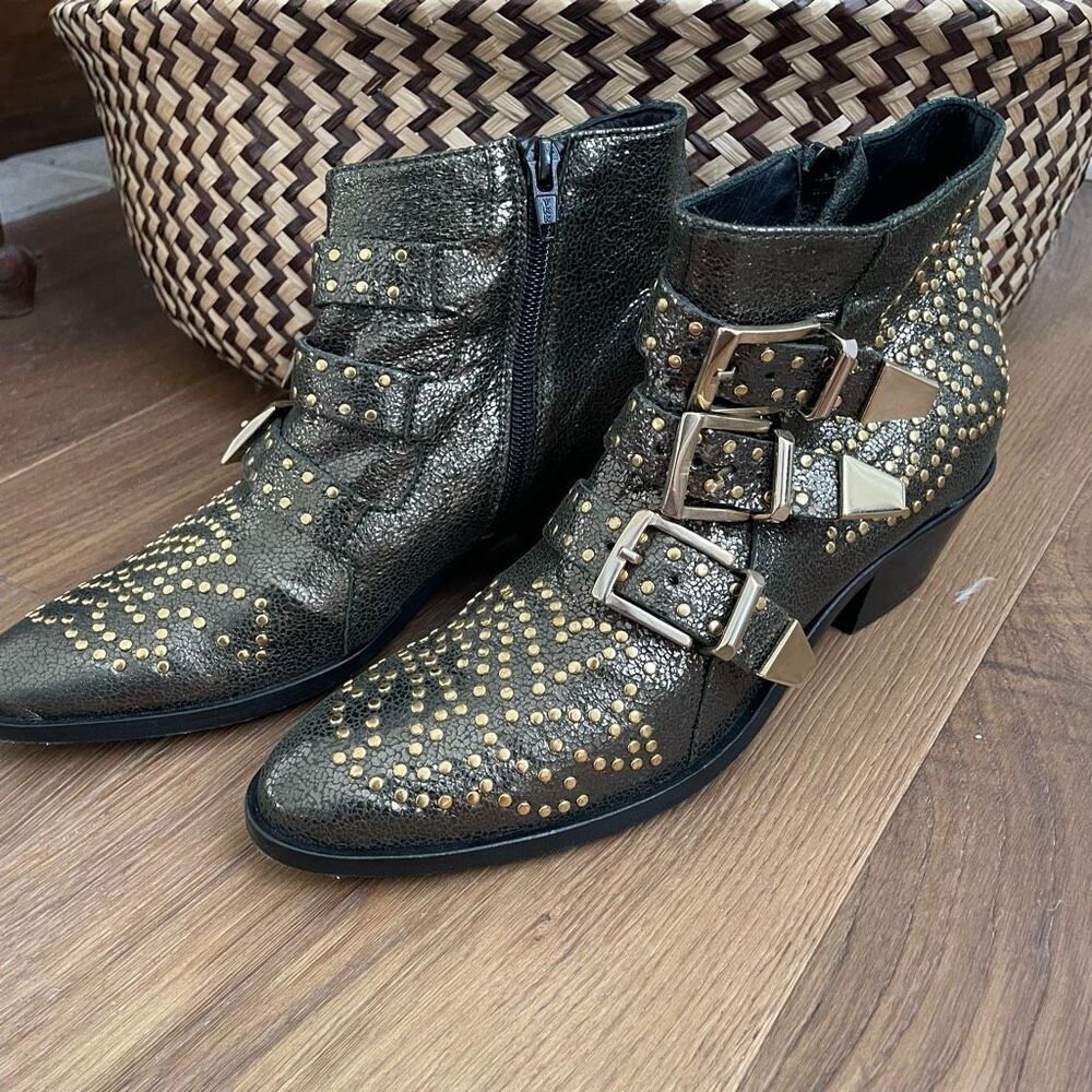 Lemare Italy Leather Ankle Cowboy Boots Metallic Green Gold 36 6